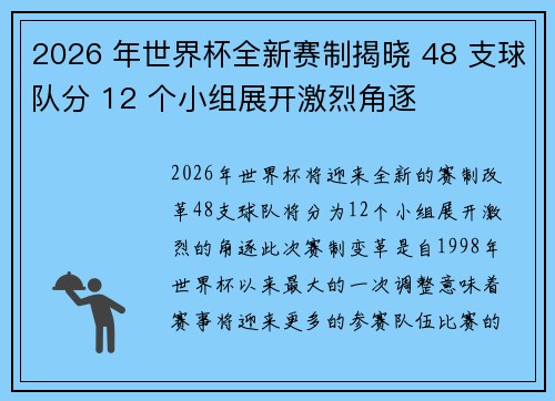 2026 年世界杯全新赛制揭晓 48 支球队分 12 个小组展开激烈角逐