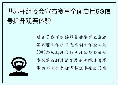 世界杯组委会宣布赛事全面启用5G信号提升观赛体验