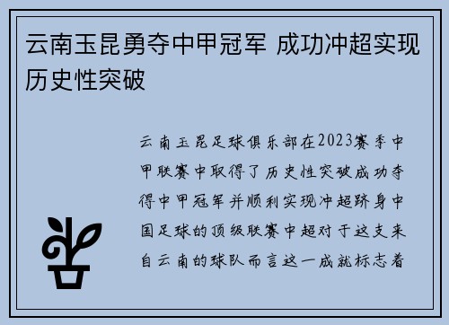 云南玉昆勇夺中甲冠军 成功冲超实现历史性突破 云南玉昆勇夺中甲冠军 成功冲超实现历史性突破