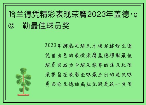 哈兰德凭精彩表现荣膺2023年盖德·穆勒最佳球员奖 哈兰德凭精彩表现荣膺2023年盖德·穆勒最佳球员奖